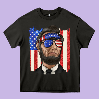 American Flag With Lincoln Heavy Core Tee Designed By Texasbilliewilder
