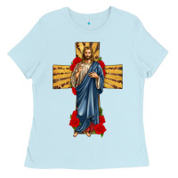 Baby Blue jesus christ cross Ladies Tee - texasbilliewilder
