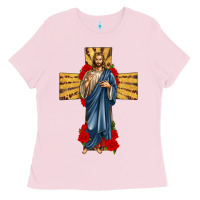 Bubblegum Pink jesus christ cross Ladies Tee - texasbilliewilder