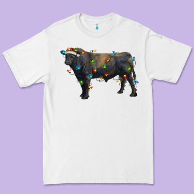 Christmas Black Angus Bull With Christmas Lights Premium Tee Designed By Ranaportraitstore