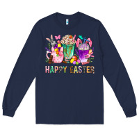 Navy Happy Easter coffee cups with Bunny Long Sleeve Tee - NancyCooperArtShop