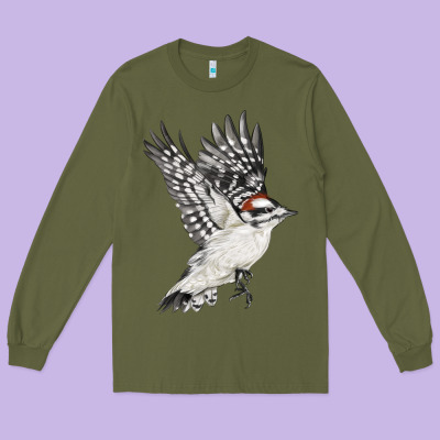 Flying Downy Woodpecker Long Sleeve Tee Designed By Lillyallendesigns