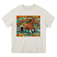Cream galloping horse aztec sunflower Heavy Core Tee - Artiststas