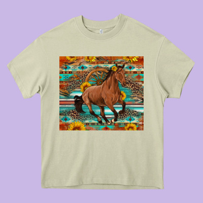 Galloping Horse Aztec Sunflower Heavy Core Tee Designed By Artiststas