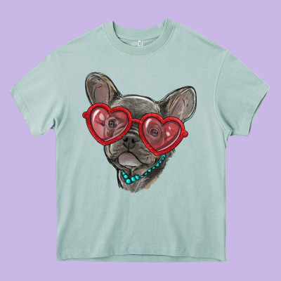 Heavy Core Tee french bulldog with love glasses