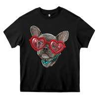 Black french bulldog with love glasses Heavy Core Tee - RanaPortraitStore