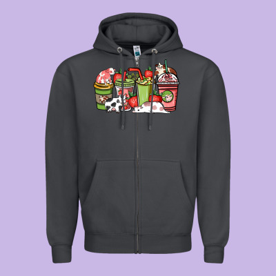 Cow And Strawberry Coffee Cups Zipper Hoodie Designed By Nancycooperartshop