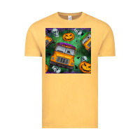 Vintage Mustard halloween bus and pumpkin seamless pattern Vintage Tee - BundleAndBundleShop