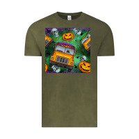 Vintage Olive halloween bus and pumpkin seamless pattern Vintage Tee - BundleAndBundleShop