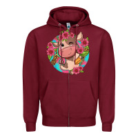 Burgundy cute cow pink flowers and leopard pattern Zipper Hoodie - NancyCooperArtShop