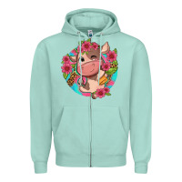 Seafoam cute cow pink flowers and leopard pattern Zipper Hoodie - NancyCooperArtShop
