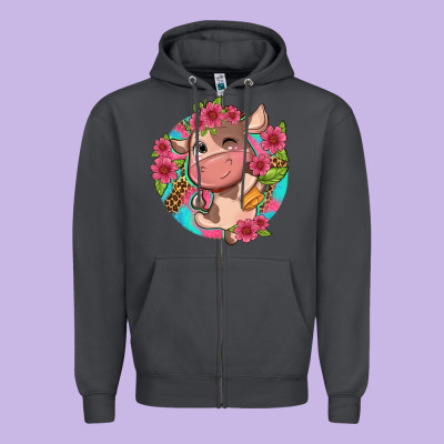 Cute Cow Pink Flowers And Leopard Pattern Zipper Hoodie Designed By Nancycooperartshop