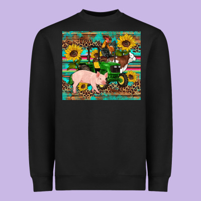 Western Farm Tractor Pig Rooster Cow Sunflowers Heavyweight Sweatshirt Designed By Artiststas