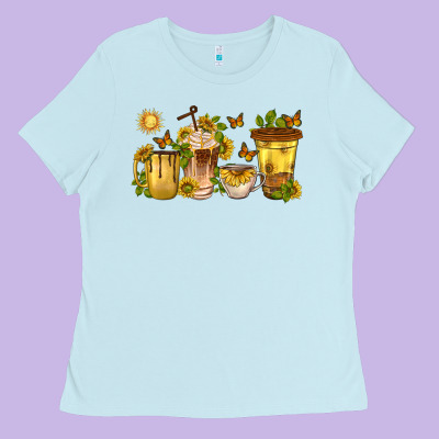 Sunflower Coffee Cups Ladies Tee Designed By Texasbilliewilder