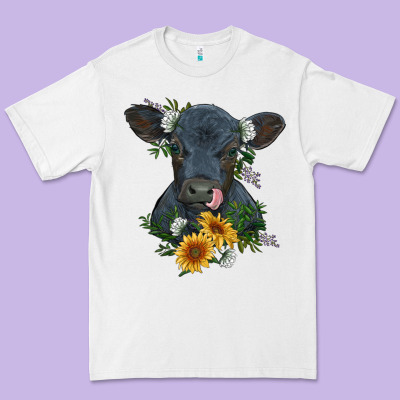 Baby Cow Black Angus Calf With Flowers Premium Tee Designed By Ranaportraitstore