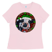 Bubblegum Pink Baby Cow Christmas Ladies Tee - RanaPortraitStore