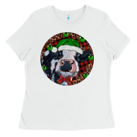 White Baby Cow Christmas Ladies Tee - RanaPortraitStore