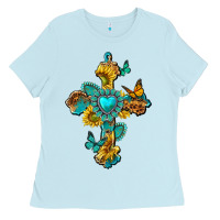 Baby Blue western cross with gemstone and sunflowers Ladies Tee - texasbilliewilder