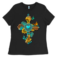 Black western cross with gemstone and sunflowers Ladies Tee - texasbilliewilder