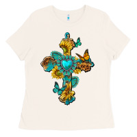 Bone western cross with gemstone and sunflowers Ladies Tee - texasbilliewilder