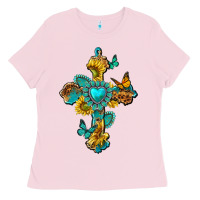 Bubblegum Pink western cross with gemstone and sunflowers Ladies Tee - texasbilliewilder