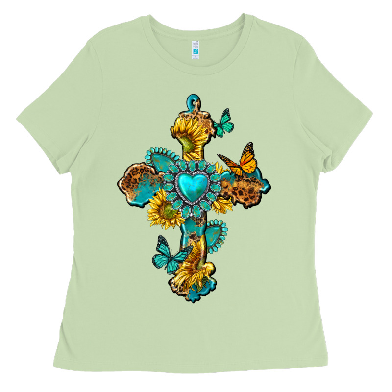 Western Cross With Gemstone And Sunflowers Ladies Tee by texasbilliewilder | Teevron