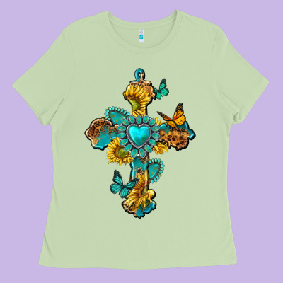 Western Cross With Gemstone And Sunflowers Ladies Tee Designed By Texasbilliewilder