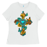 White western cross with gemstone and sunflowers Ladies Tee - texasbilliewilder
