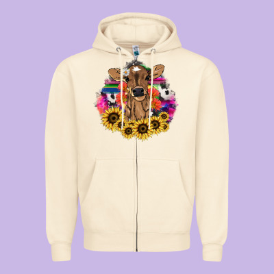 Baby Cow Flower Zipper Hoodie Designed By Nancycooperartshop