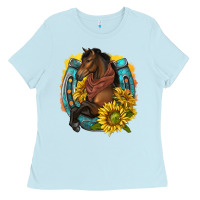 Baby Blue western horse with horseshoe Ladies Tee - texasbilliewilder