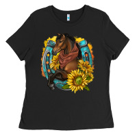 Black western horse with horseshoe Ladies Tee - texasbilliewilder