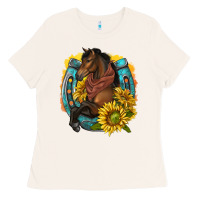 Bone western horse with horseshoe Ladies Tee - texasbilliewilder