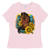 Bubblegum Pink western horse with horseshoe Ladies Tee - texasbilliewilder