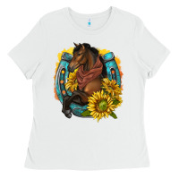 White western horse with horseshoe Ladies Tee - texasbilliewilder