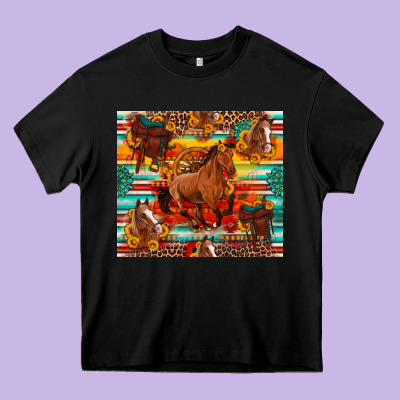 Galloping Horse Serape Sunflowers Turquoise And Saddles Heavy Core Tee Designed By Artiststas