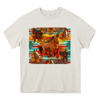 Cream galloping horse serape sunflowers turquoise and saddles Heavy Core Tee - Artiststas