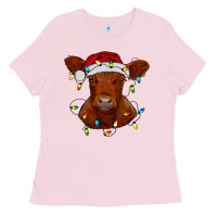 Bubblegum Pink Christmas baby red angus calf with lights Ladies Tee - RanaPortraitStore