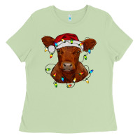 Christmas Baby Red Angus Calf With Lights Ladies Tee | Teevron