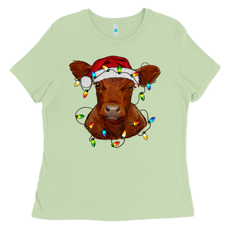 Christmas Baby Red Angus Calf With Lights Ladies Tee by RanaPortraitStore | Teevron