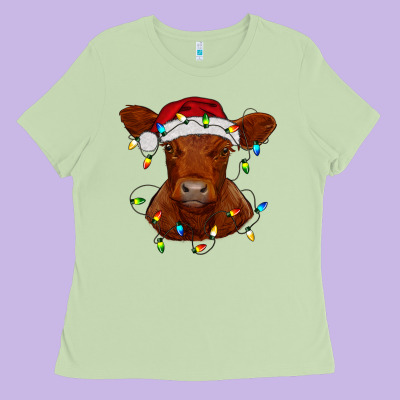 Ladies Tee Christmas baby red angus calf with lights