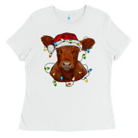 White Christmas baby red angus calf with lights Ladies Tee - RanaPortraitStore