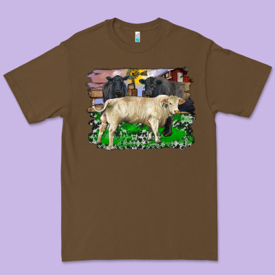 Charolais Bull Black Angus Cattle And Bull With Barnyard And Cowhide Premium Tee Designed By Ranaportraitstore