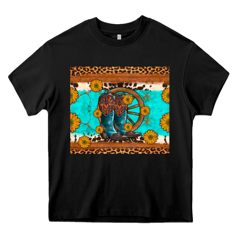 Cowboy Boots And Sunflowers Turquoise Leopard Background Heavy Core Tee by Artiststas | Teevron