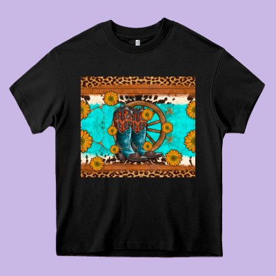 Cowboy Boots And Sunflowers Turquoise Leopard Background Heavy Core Tee Designed By Artiststas