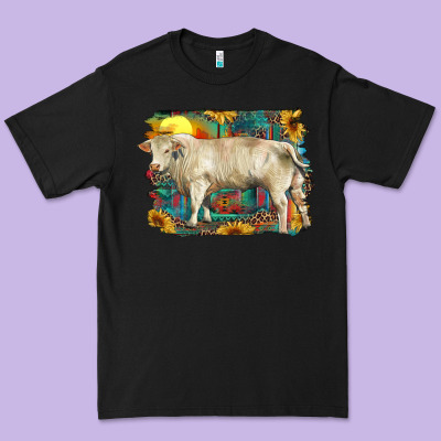 Western Charolais Bull And Aztec Sunflower Background Premium Tee Designed By Ranaportraitstore