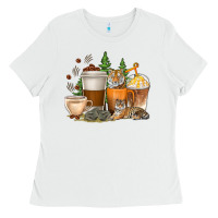 White coffee cups tiger with coffee beans Ladies Tee - texasbilliewilder