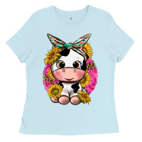 Baby Blue cut cow with sunflower and leopard  pink Ladies Tee - texasbilliewilder