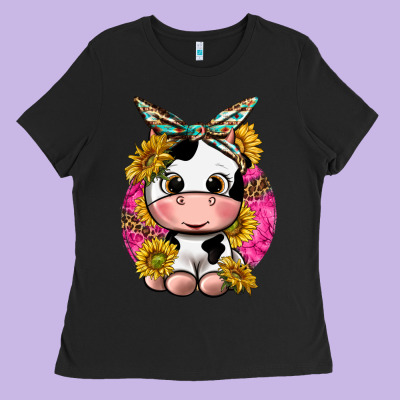 Ladies Tee cut cow with sunflower and leopard  pink