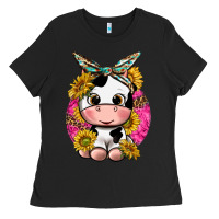Black cut cow with sunflower and leopard  pink Ladies Tee - texasbilliewilder