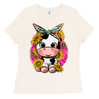 Bone cut cow with sunflower and leopard  pink Ladies Tee - texasbilliewilder